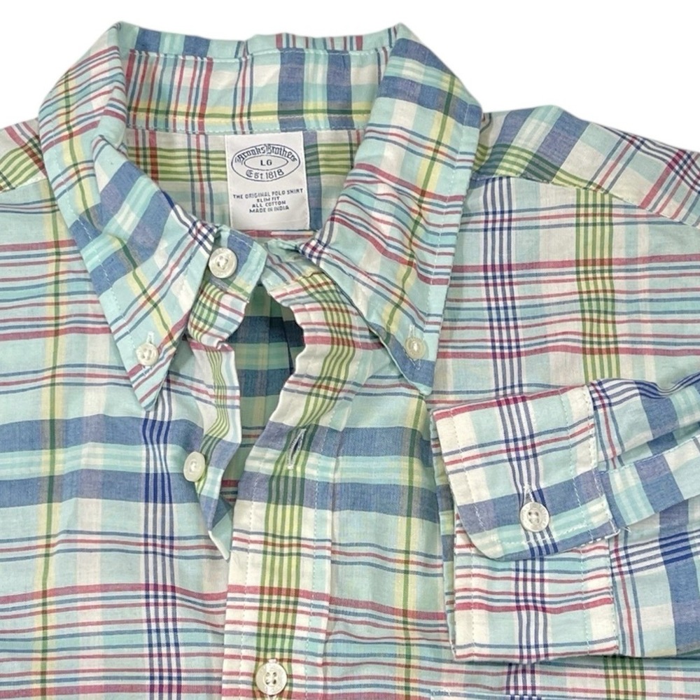 Brooks Brothers LG Blue Plaid Button Down Slim Fit Shirt Preppy Coastal Ivy